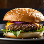 A close-up shot of a perfectly cooked plant-based burger patty sizzling on a hot pan, showcasing a rich, golden-brown crust and a juicy, fibrous interior. Steam gently rises from the patty, capturing the irresistible aroma of a culinary innovation. The focus is on the incredible texture and inviting appearance, demonstrating modern gourmet cooking. The scene is brightly lit, professional, and conveys a sense of high quality. Fully clothed, modest clothing, appropriate attire, professional dress, safe for work, appropriate content, family-friendly, perfect anatomy, correct proportions, natural pose, well-formed hands, proper finger count, natural body proportions, professional photography, high quality, studio lighting.