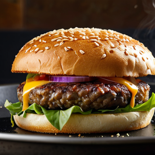 Home 4 A close-up shot of a perfectly cooked plant-based burger patty sizzling on a hot pan, showcasing a rich, golden-brown crust and a juicy, fibrous interior. Steam gently rises from the patty, capturing the irresistible aroma of a culinary innovation. The focus is on the incredible texture and inviting appearance, demonstrating modern gourmet cooking. The scene is brightly lit, professional, and conveys a sense of high quality. Fully clothed, modest clothing, appropriate attire, professional dress, safe for work, appropriate content, family-friendly, perfect anatomy, correct proportions, natural pose, well-formed hands, proper finger count, natural body proportions, professional photography, high quality, studio lighting.