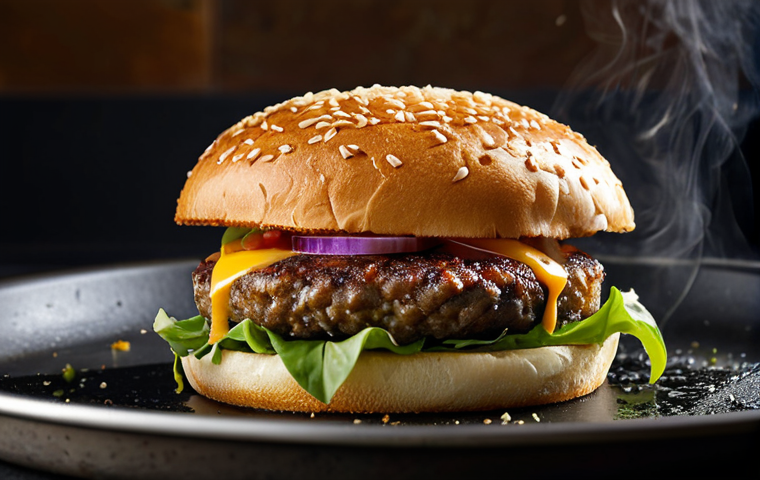 A close-up shot of a perfectly cooked plant-based burger patty sizzling on a hot pan, showcasing a rich, golden-brown crust and a juicy, fibrous interior. Steam gently rises from the patty, capturing the irresistible aroma of a culinary innovation. The focus is on the incredible texture and inviting appearance, demonstrating modern gourmet cooking. The scene is brightly lit, professional, and conveys a sense of high quality. Fully clothed, modest clothing, appropriate attire, professional dress, safe for work, appropriate content, family-friendly, perfect anatomy, correct proportions, natural pose, well-formed hands, proper finger count, natural body proportions, professional photography, high quality, studio lighting.