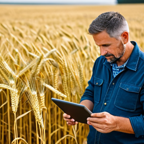 Home 30 **
"A farmer using a tablet displaying data-driven insights about crop yields, standing in a fully clothed, appropriate attire in a vast, golden wheat field during harvest season, safe for work, perfect anatomy, natural proportions, professional photography, high quality, family-friendly."
**