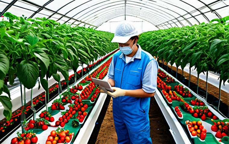 Smart Greenhouse Overview**
"A modern smart greenhouse interior, showcasing rows of healthy crops (tomatoes and strawberries), fully clothed workers tending to plants, automated systems (irrigation, LED lighting), sensors monitoring environmental conditions, data dashboards visible in the background, professional agricultural technology, high-quality, perfect anatomy, natural proportions, safe for work, appropriate content, fully clothed, professional, family-friendly"
**