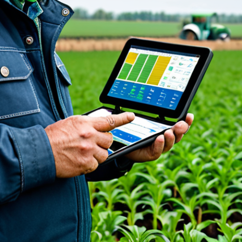 Home 27 Precision Agriculture**
A farmer using a tablet in a lush green field, analyzing data displayed on the screen. Soil sensors are visible in the ground. Background includes a weather station and a modern tractor. Fully clothed in appropriate farming attire, safe for work, perfect anatomy, natural proportions, professional, appropriate content, well-formed hands, proper finger count, high quality, family-friendly.
**