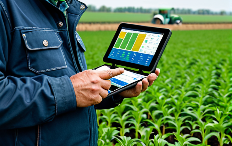 Precision Agriculture**
A farmer using a tablet in a lush green field, analyzing data displayed on the screen. Soil sensors are visible in the ground. Background includes a weather station and a modern tractor. Fully clothed in appropriate farming attire, safe for work, perfect anatomy, natural proportions, professional, appropriate content, well-formed hands, proper finger count, high quality, family-friendly.
**