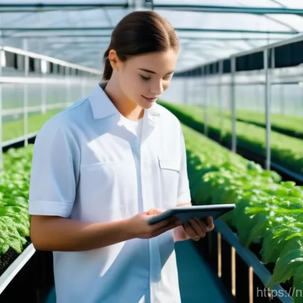 농업 혁신을 위한 창업 아이디어 - A vibrant, futuristic smart farm greenhouse on a sunny day. A young, determined farmer in practical ...