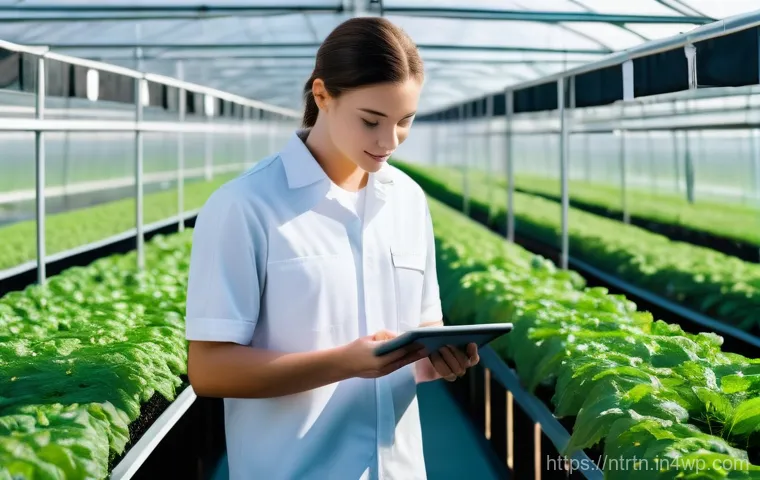 농업 혁신을 위한 창업 아이디어 - A vibrant, futuristic smart farm greenhouse on a sunny day. A young, determined farmer in practical ...