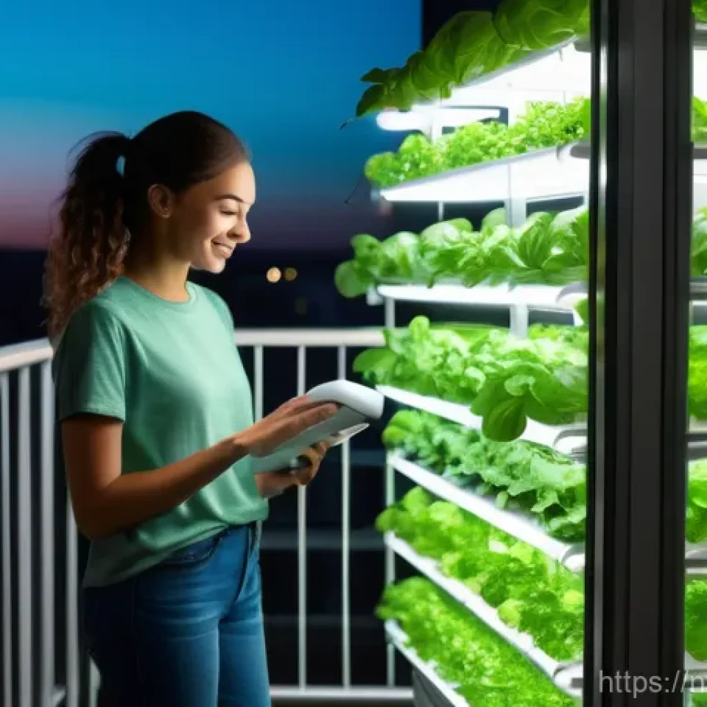 수경 재배의 장점과 단점 - A modern, clean vertical hydroponic farm integrated into a stylish urban apartment balcony. The syst...