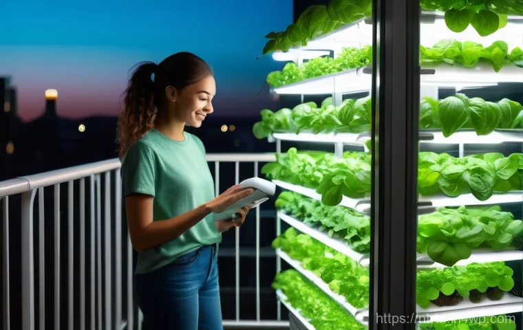 수경 재배의 장점과 단점 - A modern, clean vertical hydroponic farm integrated into a stylish urban apartment balcony. The syst...
