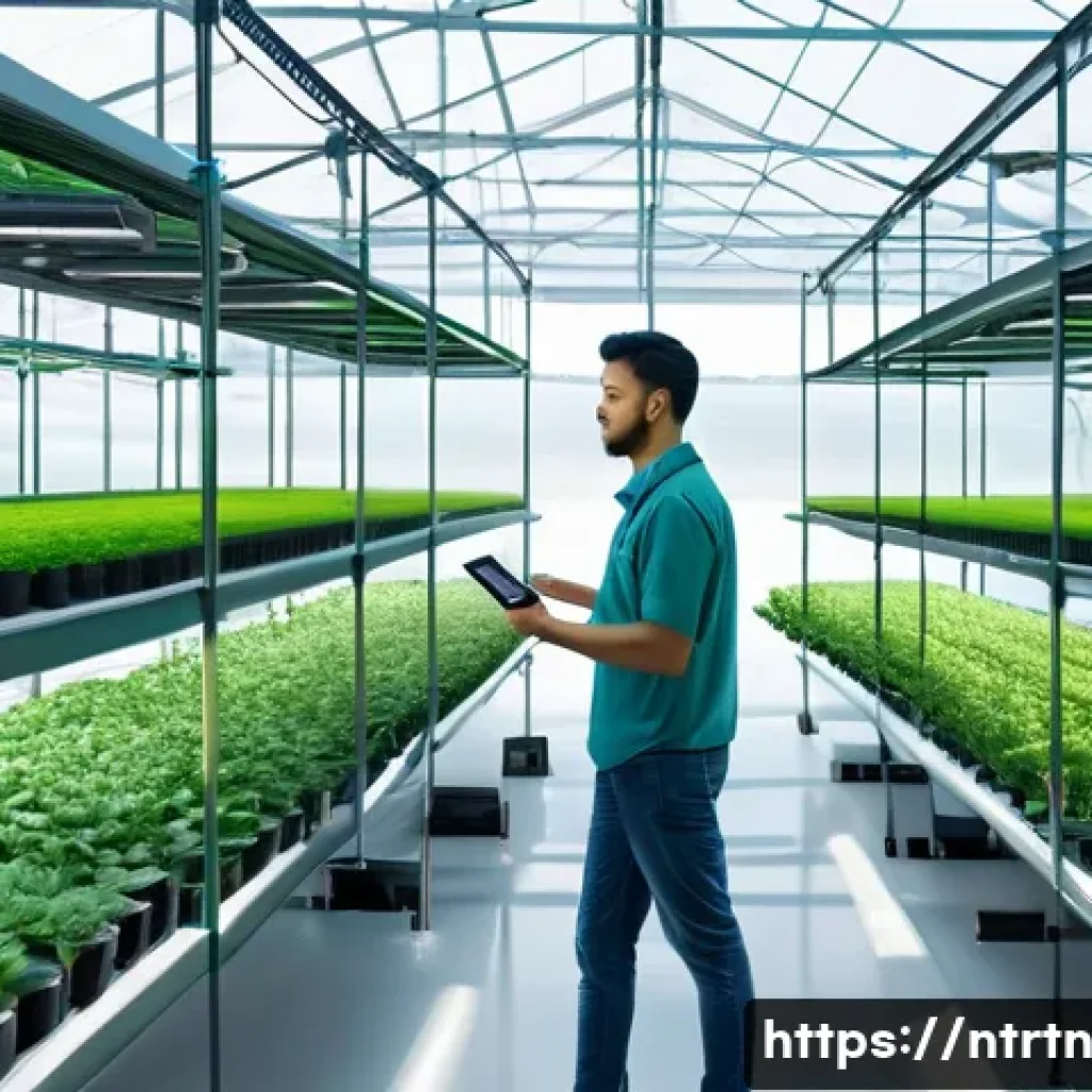 전 세계에서 가장 혁신적인 농업 기술 - A high-tech smart farm greenhouse interior showing rows of lush green crops under controlled LED gro...
