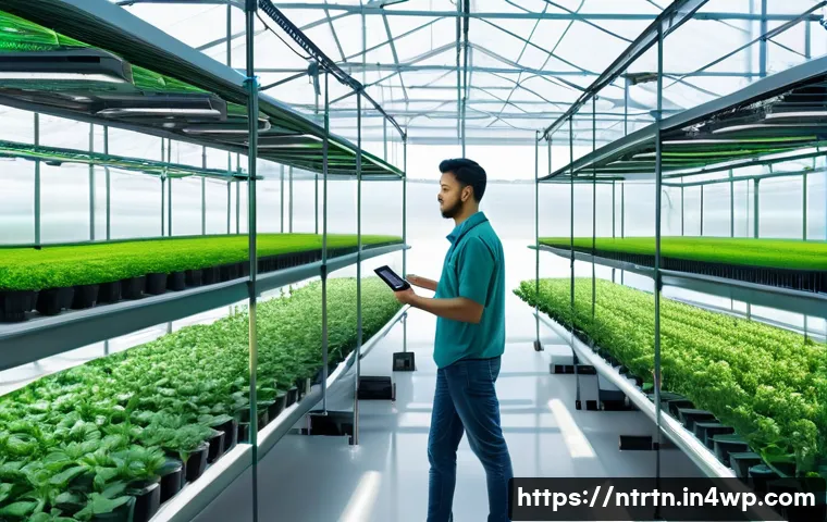 전 세계에서 가장 혁신적인 농업 기술 - A high-tech smart farm greenhouse interior showing rows of lush green crops under controlled LED gro...