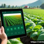 Home 22 미래 농업에서의 블록체인 활용 사례 - A modern smart farm scene showcasing a variety of high-tech sensors installed in soil and on crops, ...