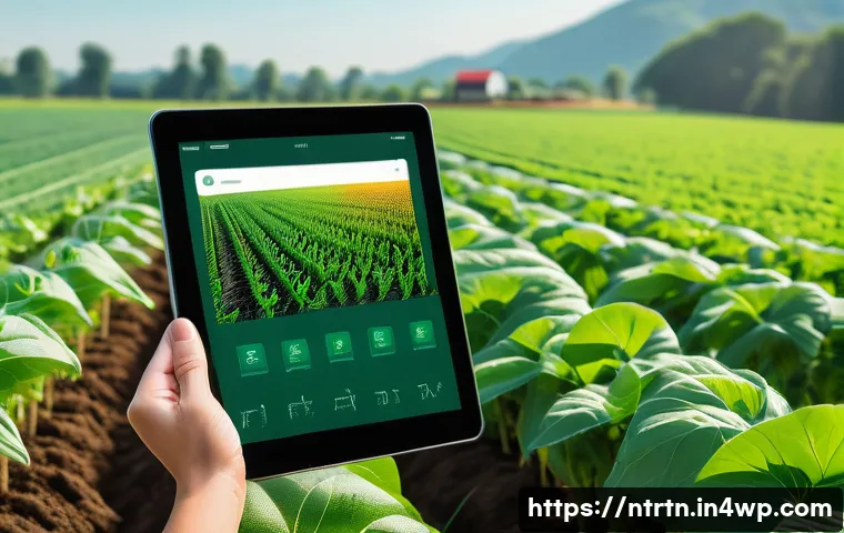 미래 농업에서의 블록체인 활용 사례 - A modern smart farm scene showcasing a variety of high-tech sensors installed in soil and on crops, ...