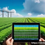Home 21 클라우드 기반 농업 관리 시스템 - A high-tech smart farm scene showcasing real-time crop health monitoring: a lush green field equippe...