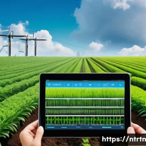Home 33 클라우드 기반 농업 관리 시스템 - A high-tech smart farm scene showcasing real-time crop health monitoring: a lush green field equippe...