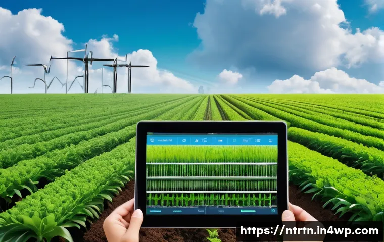 클라우드 기반 농업 관리 시스템 - A high-tech smart farm scene showcasing real-time crop health monitoring: a lush green field equippe...