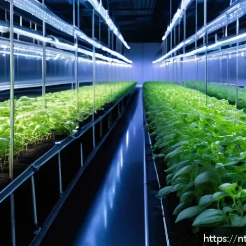 Home 31 농업에서의 데이터 분석의 중요성 - A high-tech smart farm greenhouse interior, featuring rows of lush tomato plants under controlled LE...