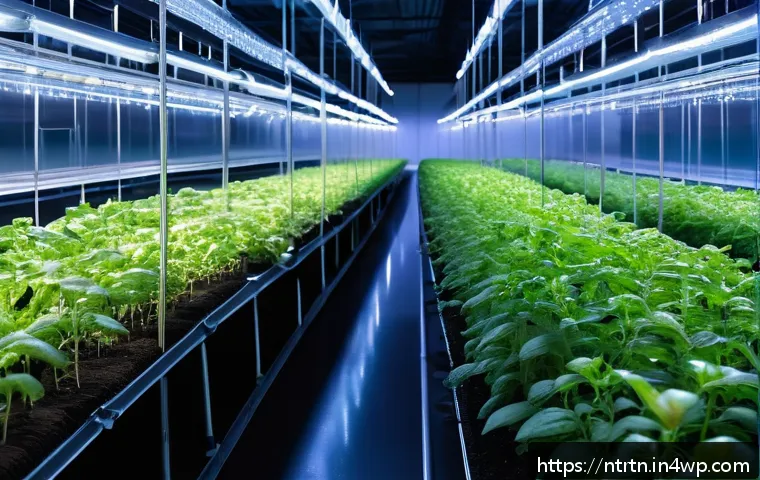 농업에서의 데이터 분석의 중요성 - A high-tech smart farm greenhouse interior, featuring rows of lush tomato plants under controlled LE...