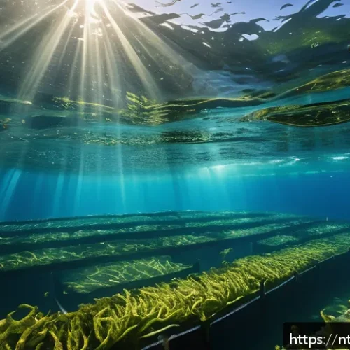 Home 30 해양 식량 생산의 미래 방향 - A vibrant underwater scene showcasing a sustainable seaweed farm with lush green kelp forests gently...