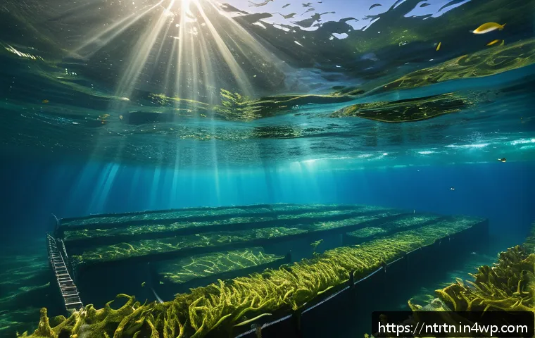 해양 식량 생산의 미래 방향 - A vibrant underwater scene showcasing a sustainable seaweed farm with lush green kelp forests gently...