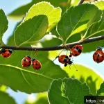 Home 23 농업에서의 생물학적 방제 기술 - A detailed close-up scene of a lush orchard where natural predators like ladybugs and parasitic wasp...