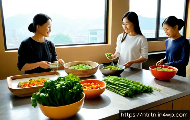 Home 17 미래 식량 기술이 사회에 미치는 영향 - Photorealistic modern community kitchen where a diverse family prepares a meal using fresh vertical-...