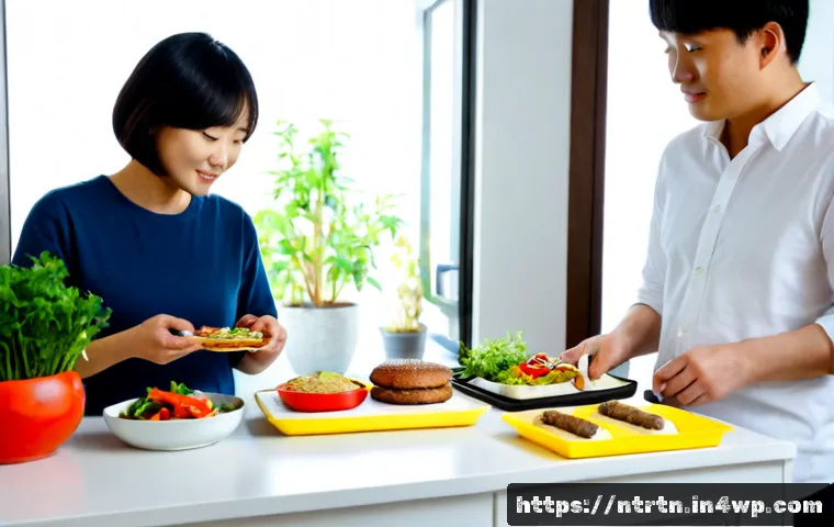 Home 17 미래 식량 기술에 대한 소비자의 인식 변화 - Photorealistic split-scene kitchen counter showing changing consumer attitudes toward future food te...