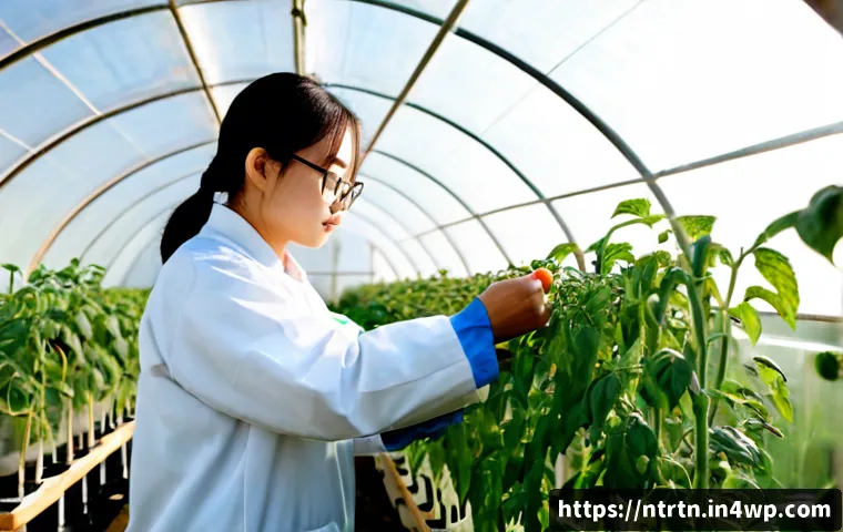 Home 17 농업 분야 생명공학의 최신 동향 - Photorealistic agricultural biotechnology research scene, a diverse scientist in clean protective cl...