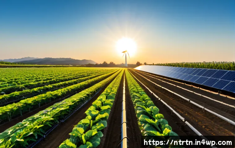 Home 17 식량 생산을 위한 새로운 에너지 솔루션 - Photorealistic wide-angle view of a modern sustainable farm at sunrise, solar panels powering a prec...